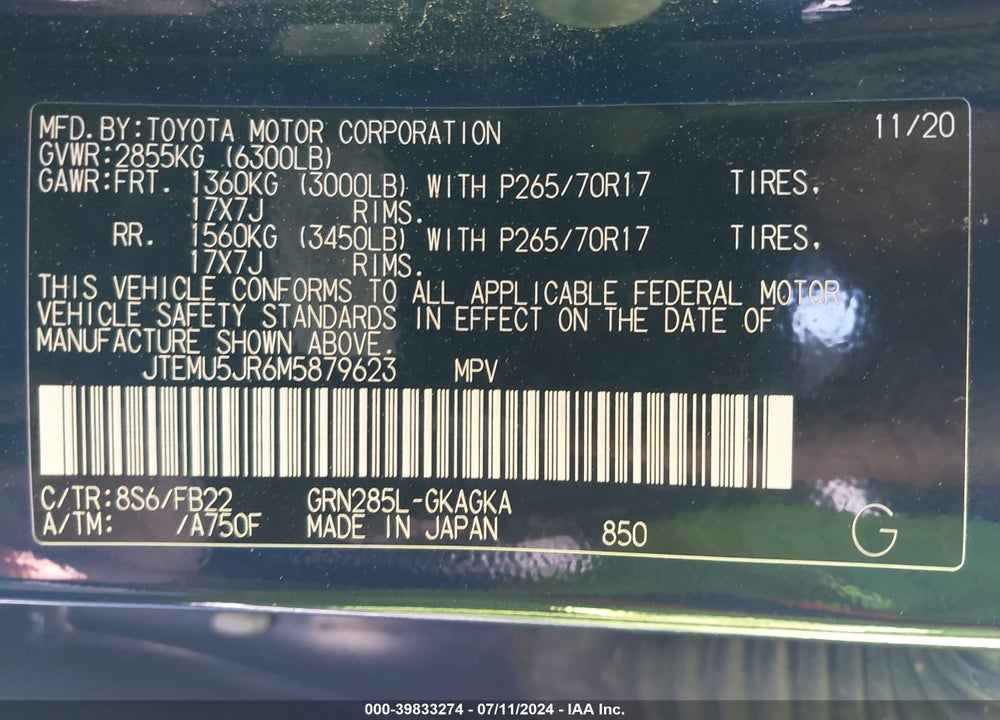 2021 TOYOTA 4RUNNER SR5 VIN: JTEMU5JR6M5879623
