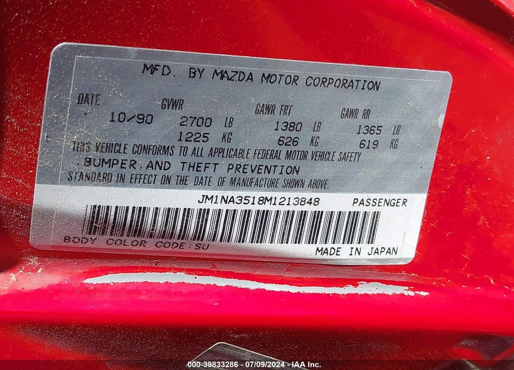 1991 MAZDA MX-5 MIATA VIN: JM1NA3518M1213848