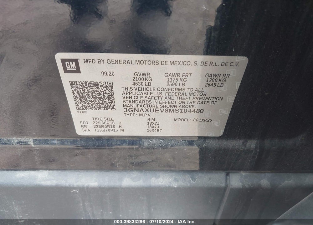 2021 CHEVROLET EQUINOX VIN: 3GNAXUEV8MS104480