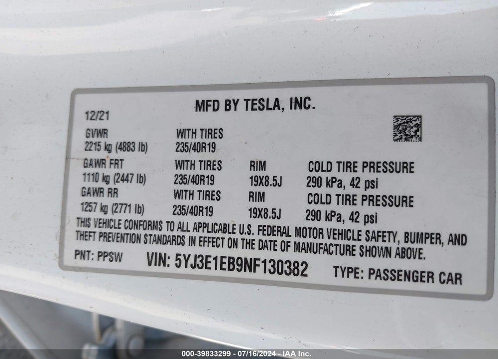2022 TESLA MODEL 3 LONG RANGE DUAL MOTOR ALL-WHEEL DRIVE VIN: 5YJ3E1EB9NF130382