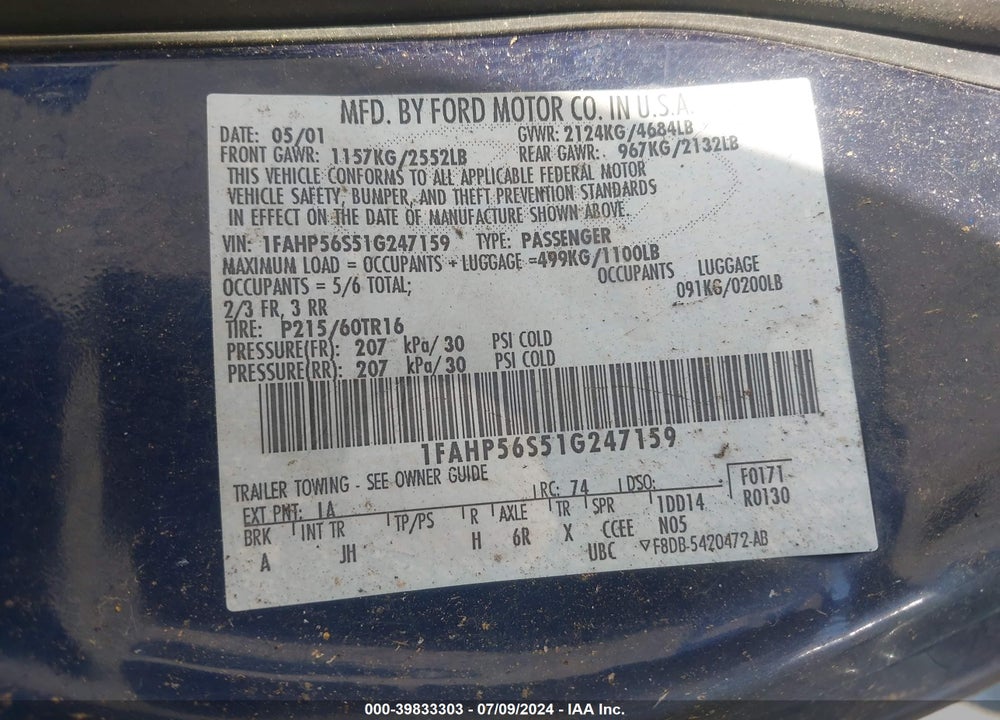2001 FORD TAURUS SEL VIN: 1FAHP56S51G247159