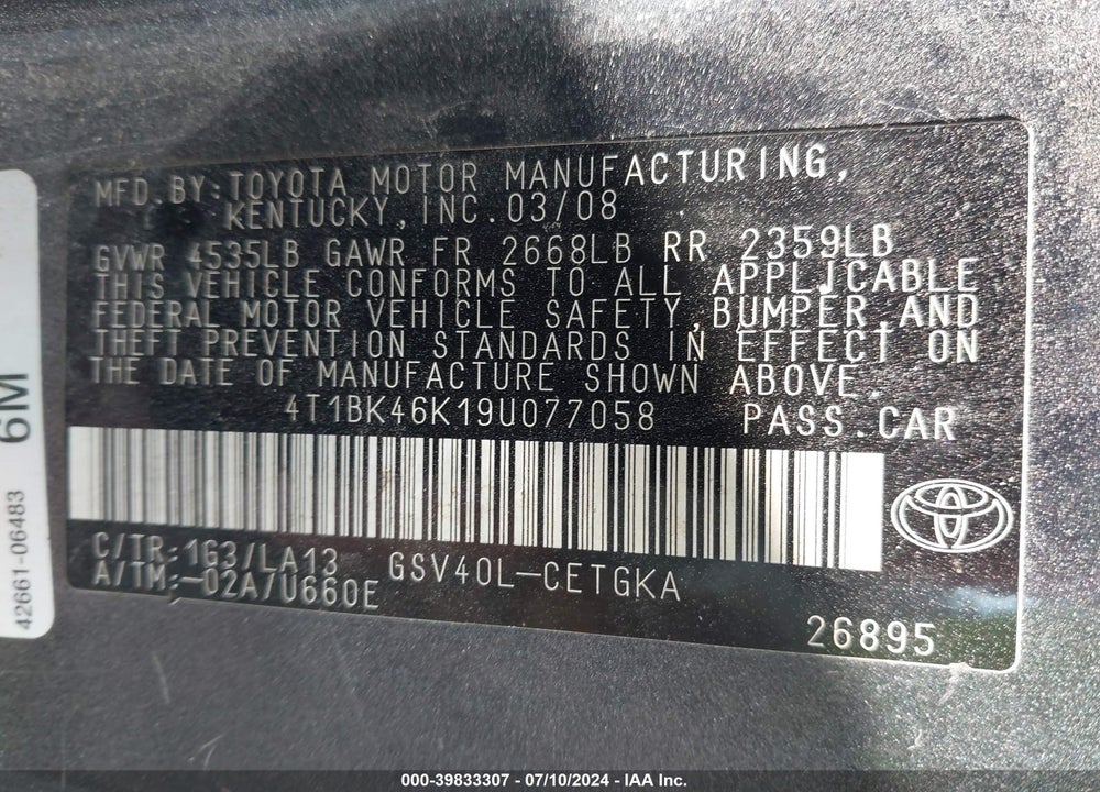 2009 TOYOTA CAMRY XLE V6 VIN: 4T1BK46K19U077058