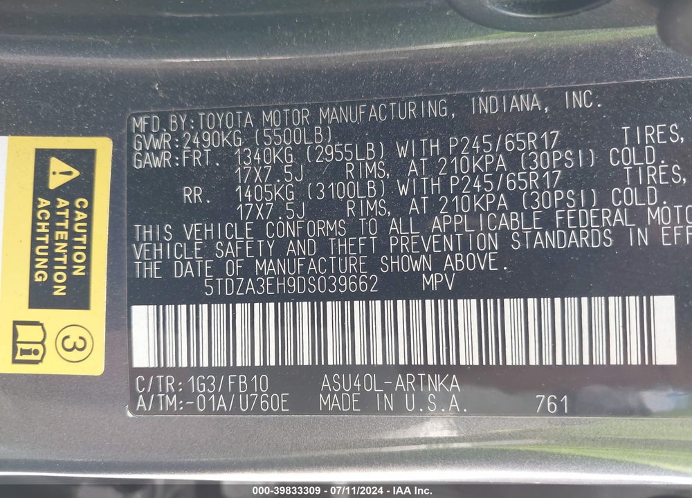 2013 TOYOTA HIGHLANDER VIN: 5TDZA3EH9DS039662