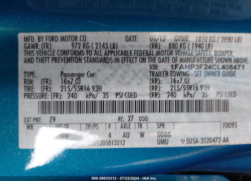 2012 FORD FOCUS VIN: 1FAHP3F24CL408471