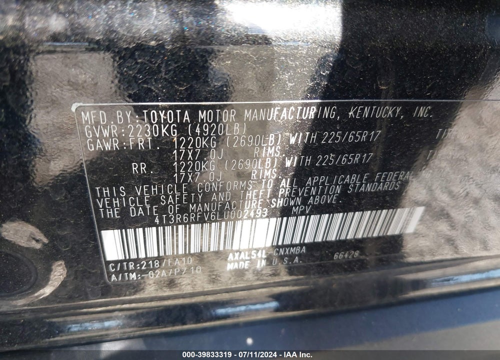 2020 TOYOTA RAV4 HYBRID VIN: 4T3R6RFV6LU002493