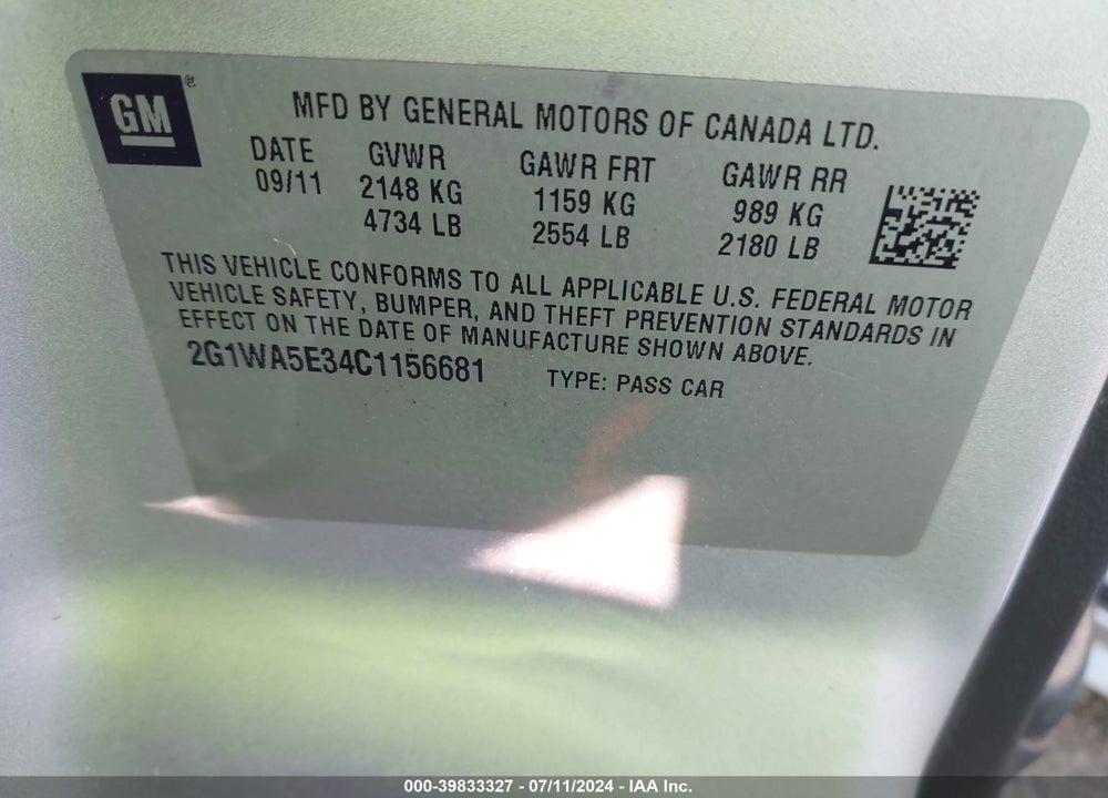 2012 CHEVROLET IMPALA LS VIN: 2G1WA5E34C1156681