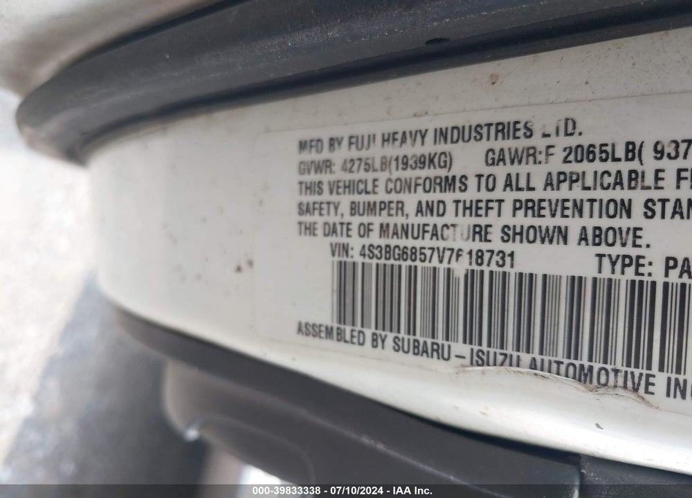 1997 SUBARU LEGACY OUTBACK/OUTBACK LIMITED VIN: 4S3BG6857V7618731