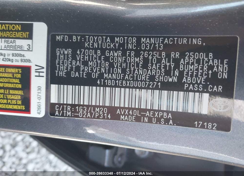 2013 TOYOTA AVALON HYBRID VIN: 4T1BD1EBXDU007271
