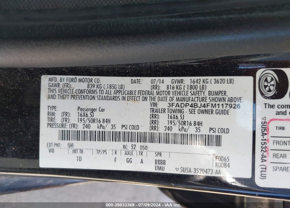 2015 FORD FIESTA SE VIN: 3FADP4BJ4FM117926
