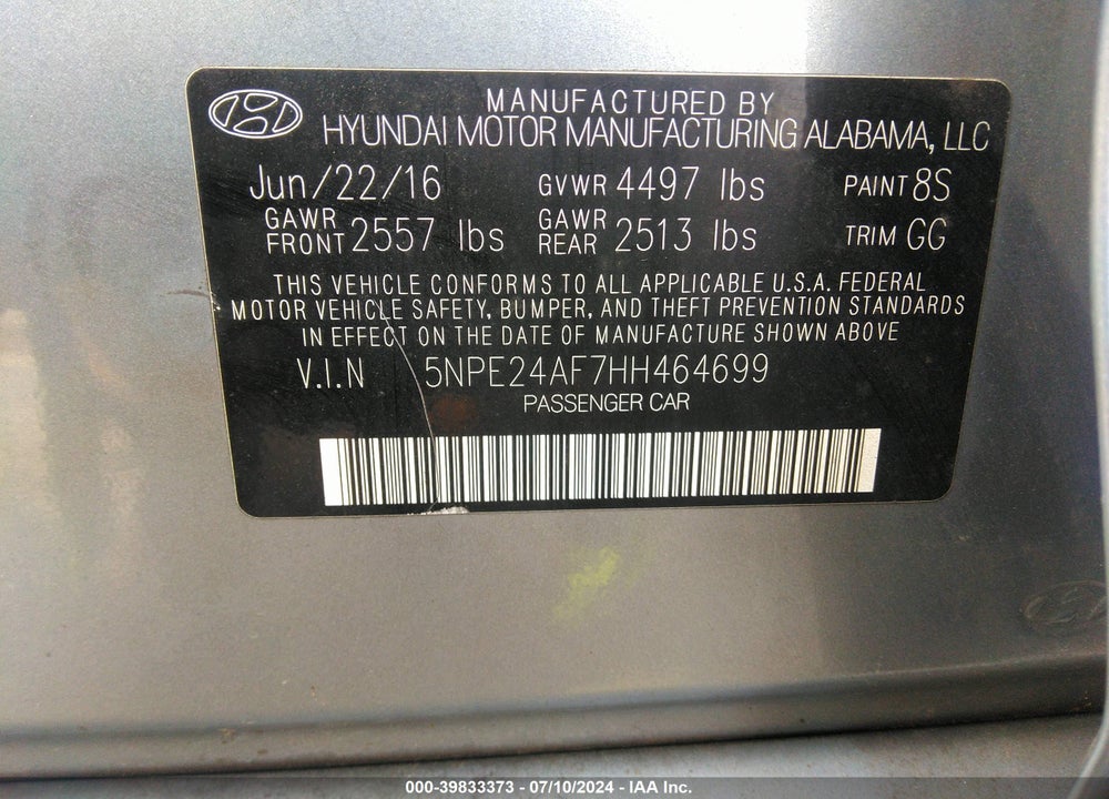 2017 HYUNDAI SONATA VIN: 5NPE24AF7HH464699
