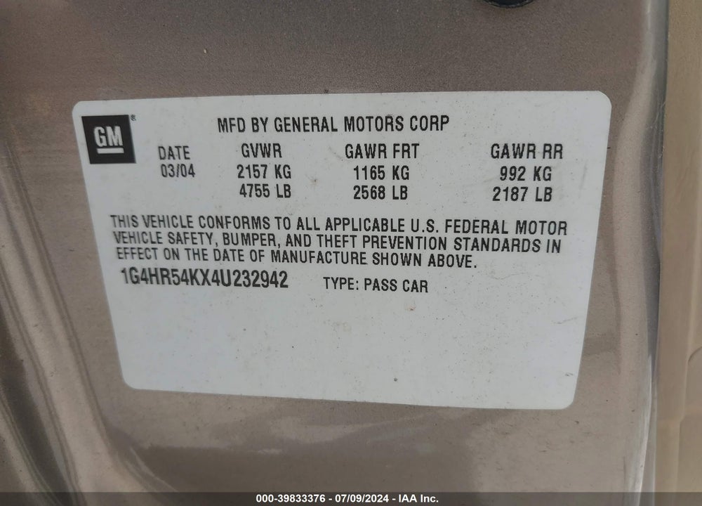 2004 BUICK LESABRE LIMITED VIN: 1G4HR54KX4U232942