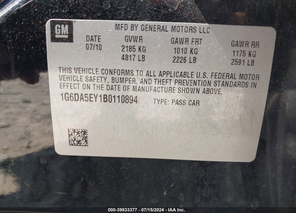 2011 CADILLAC CTS STANDARD VIN: 1G6DA5EY1B0110894
