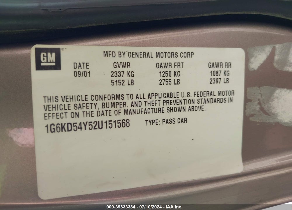 2002 CADILLAC DEVILLE STANDARD VIN: 1G6KD54Y52U151568