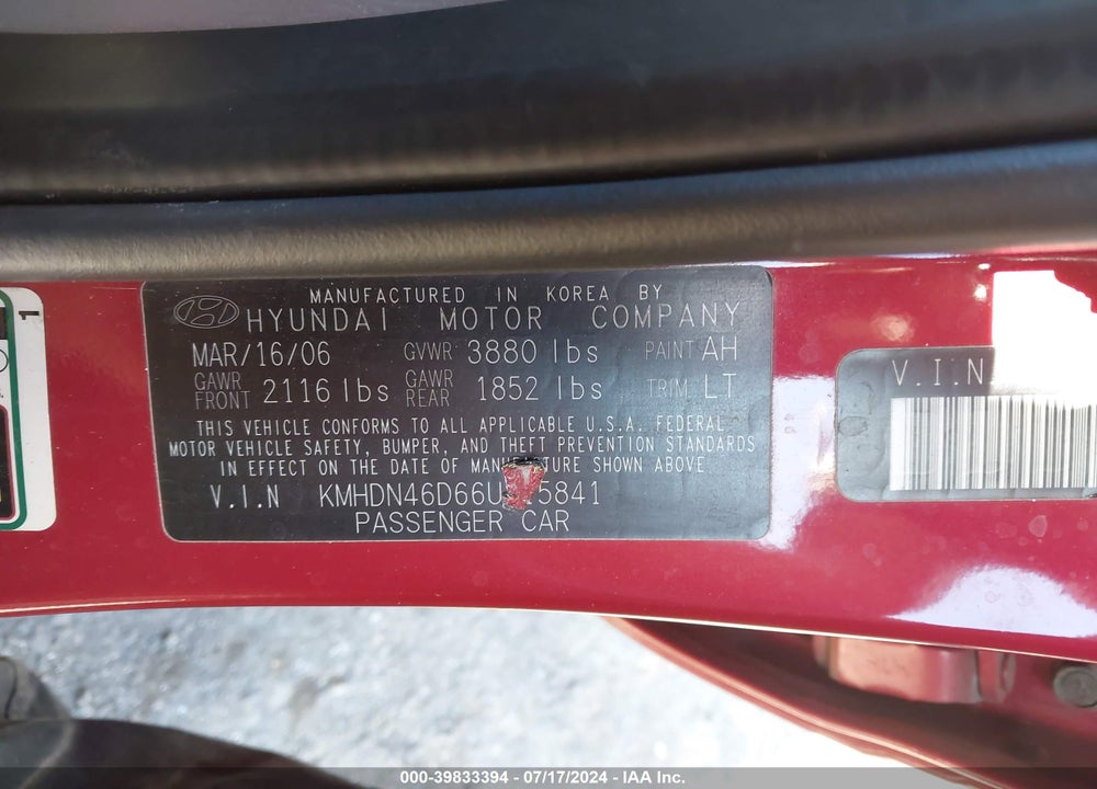 2006 HYUNDAI ELANTRA VIN: KMHDN46D66U315841