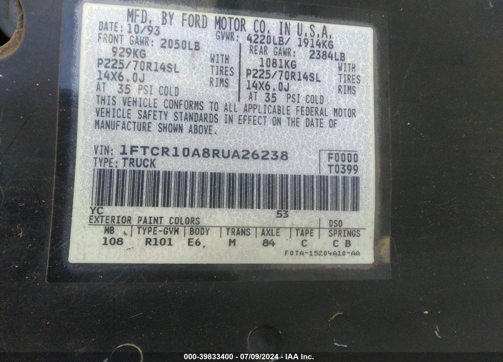 1994 FORD RANGER VIN: 1FTCR10A8RUA26238
