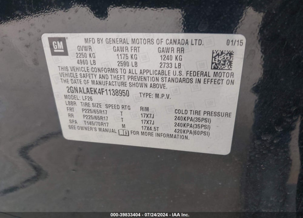 2015 CHEVROLET EQUINOX LS VIN: 2GNALAEK4F1138950