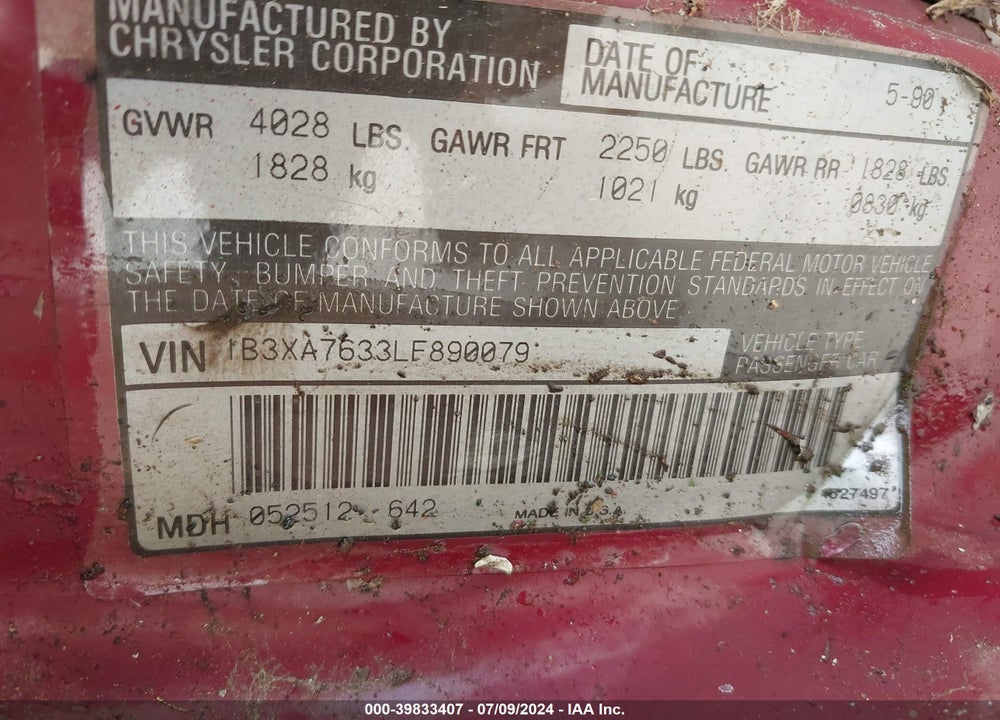 1990 DODGE SPIRIT ES VIN: 1B3XA7633LF890079