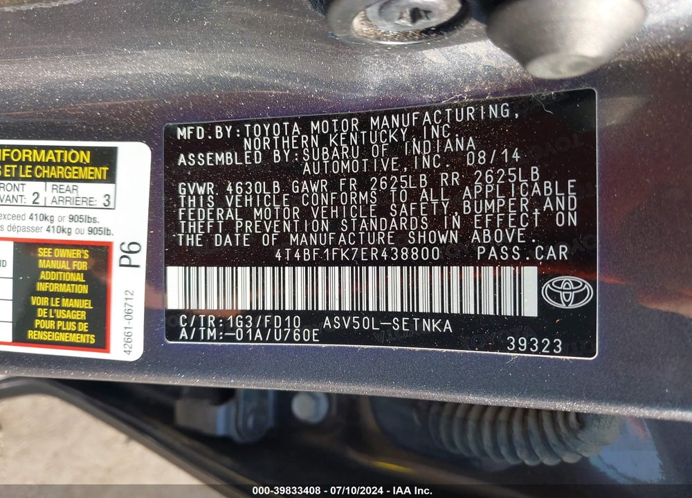 2014 TOYOTA CAMRY LE VIN: 4T4BF1FK7ER438800