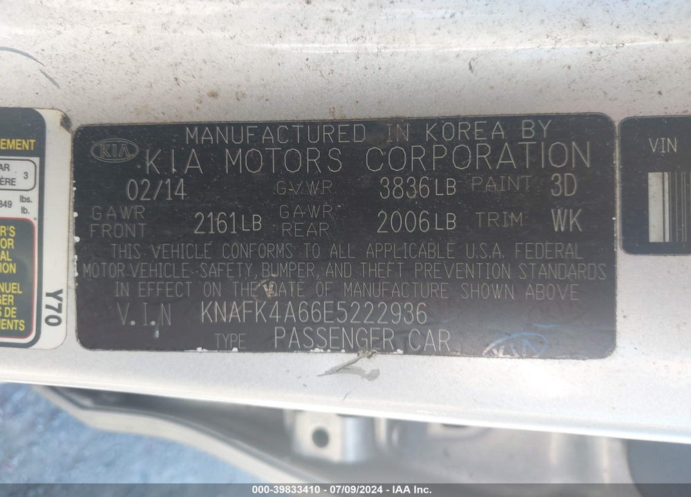 2014 KIA FORTE LX VIN: KNAFK4A66E5222936