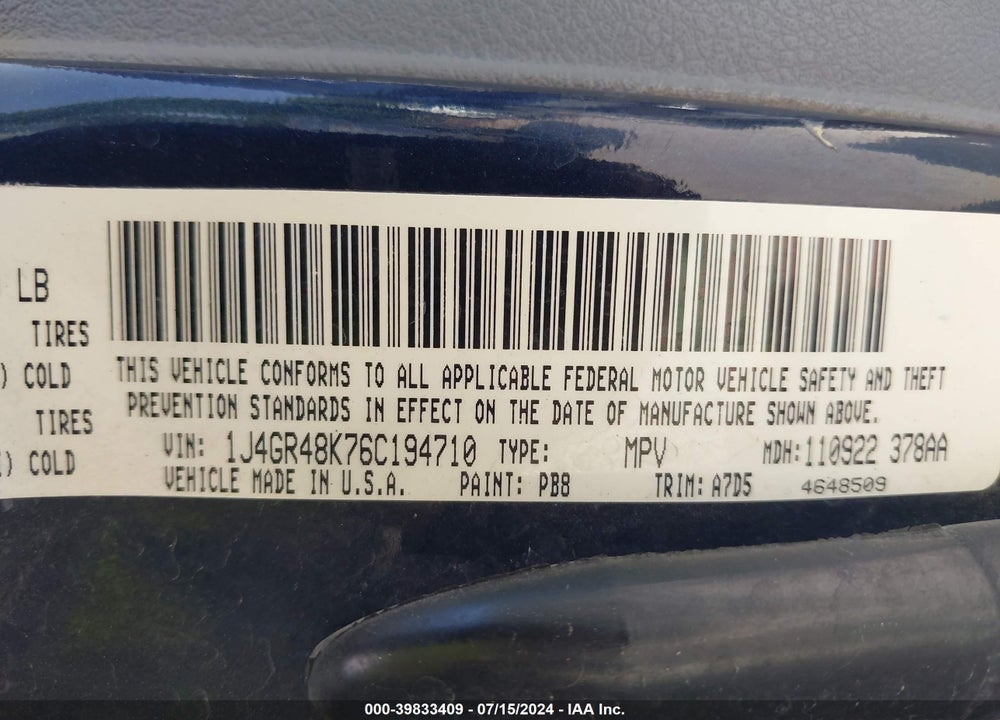 2006 JEEP GRAND CHEROKEE LAREDO VIN: 1J4GR48K76C194710