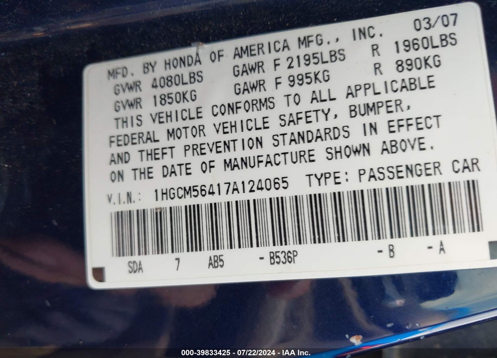 2007 HONDA ACCORD 2.4 LX VIN: 1HGCM56417A124065