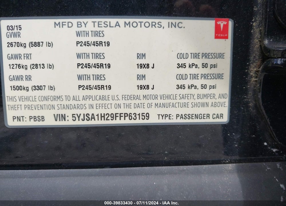 2015 TESLA MODEL S 70D/85D/P85D VIN: 5YJSA1H29FFP63159