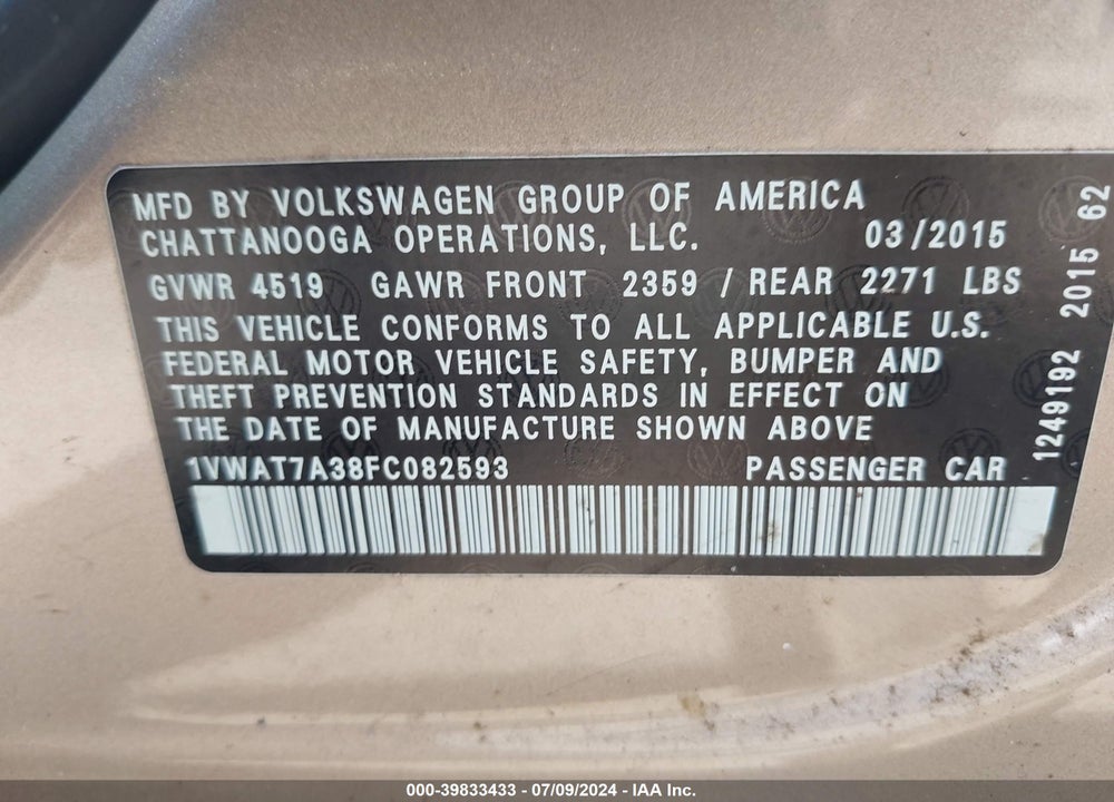 2015 VOLKSWAGEN PASSAT 1.8T LIMITED EDITION VIN: 1VWAT7A38FC082593