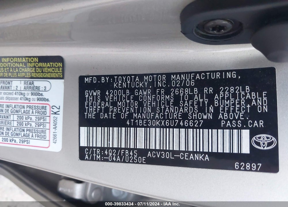 2006 TOYOTA CAMRY LE VIN: 4T1BE30KX6U746627