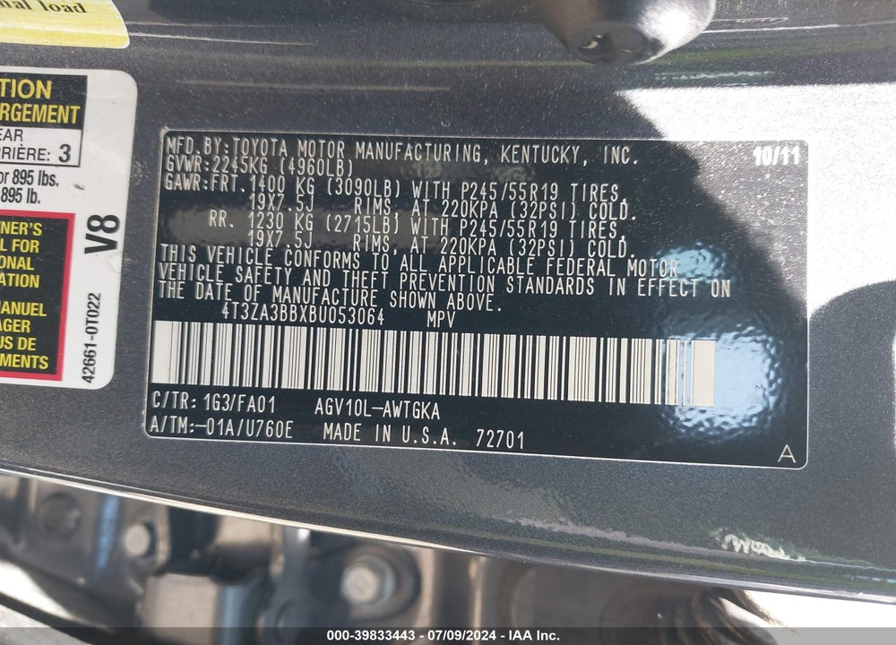 2011 TOYOTA VENZA VIN: 4T3ZA3BBXBU053064