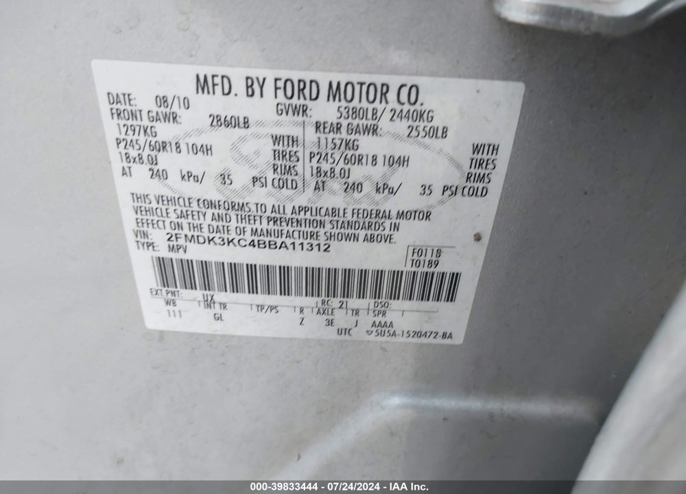 2011 FORD EDGE LIMITED VIN: 2FMDK3KC4BBA11312