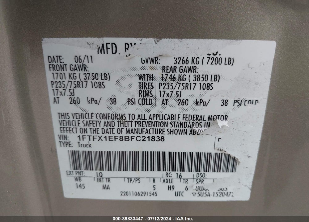 2011 FORD F-150 XLT VIN: 1FTFX1EF8BFC21838