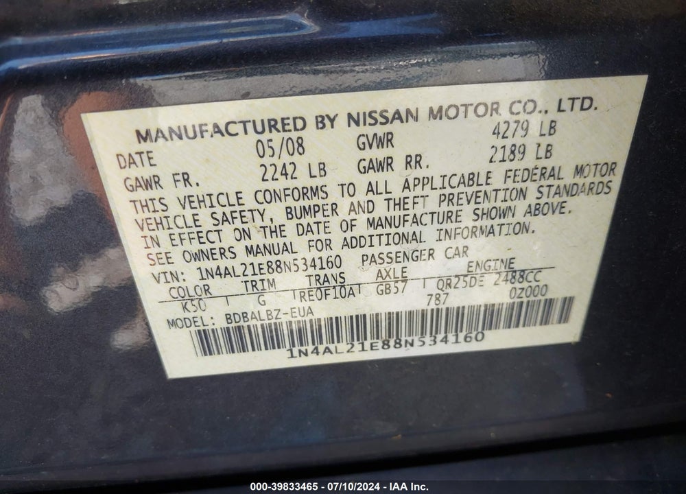 2008 NISSAN ALTIMA 2.5 S VIN: 1N4AL21E88N534160