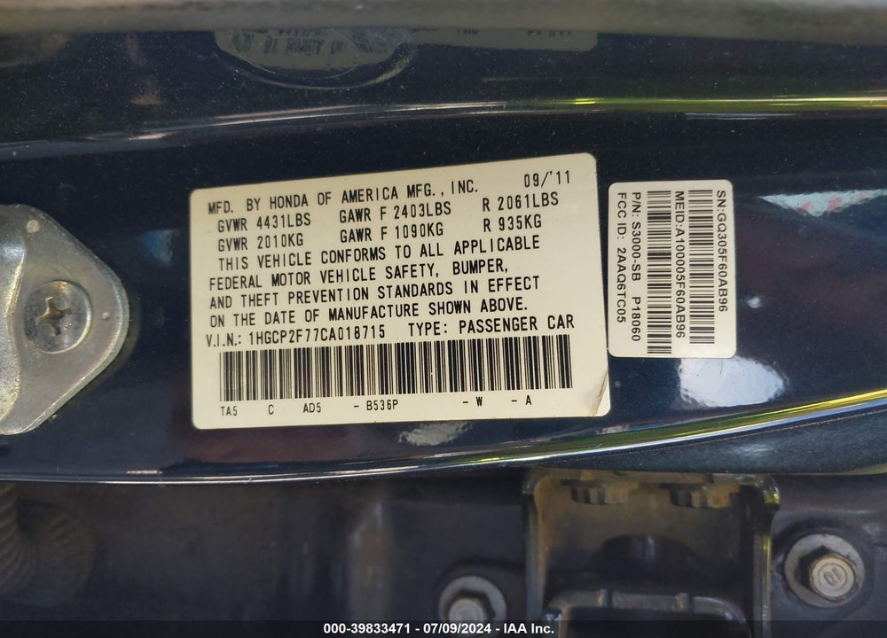 2012 HONDA ACCORD 2.4 EX VIN: 1HGCP2F77CA018715
