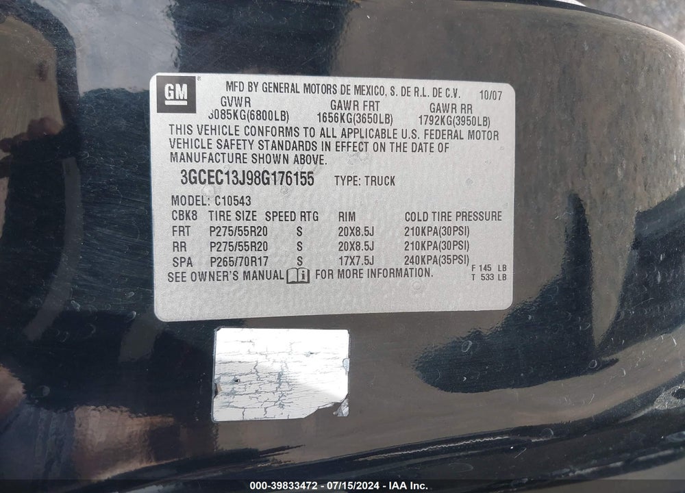2008 CHEVROLET SILVERADO 1500 LT1 VIN: 3GCEC13J98G176155