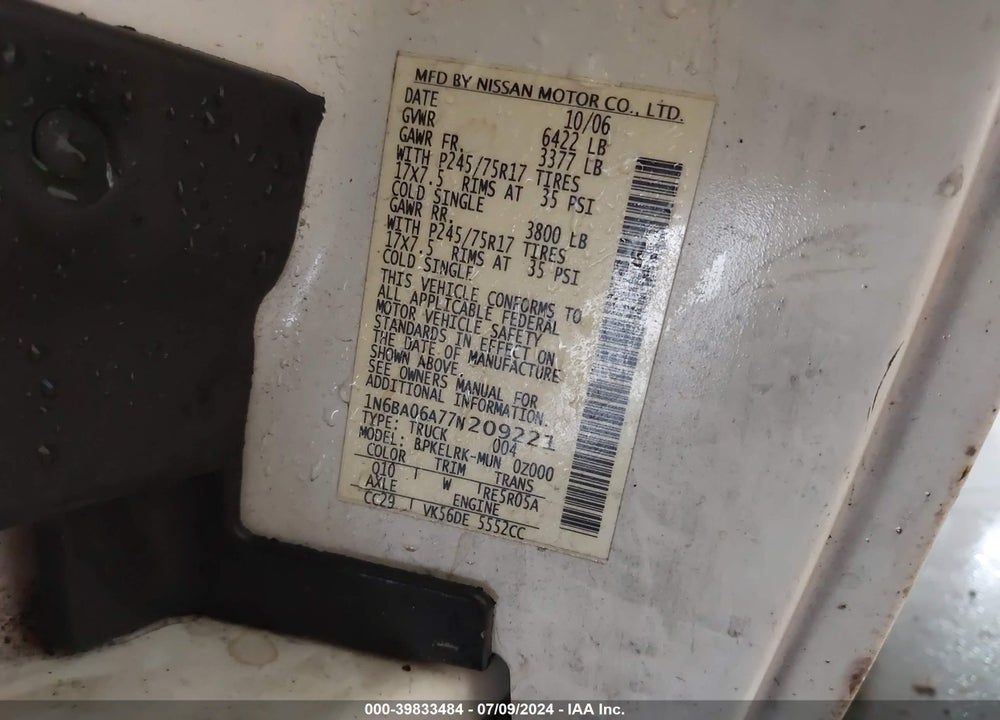 2007 NISSAN TITAN XE VIN: 1N6BA06A77N209221