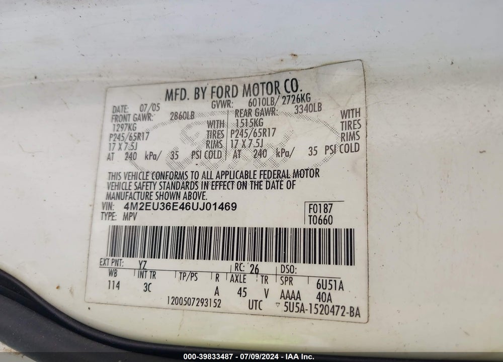 2006 MERCURY MOUNTAINEER CONVENIENCE VIN: 4M2EU36E46UJ01469