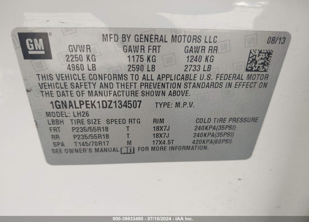 2013 CHEVROLET EQUINOX 2LT VIN: 1GNALPEK1DZ134507