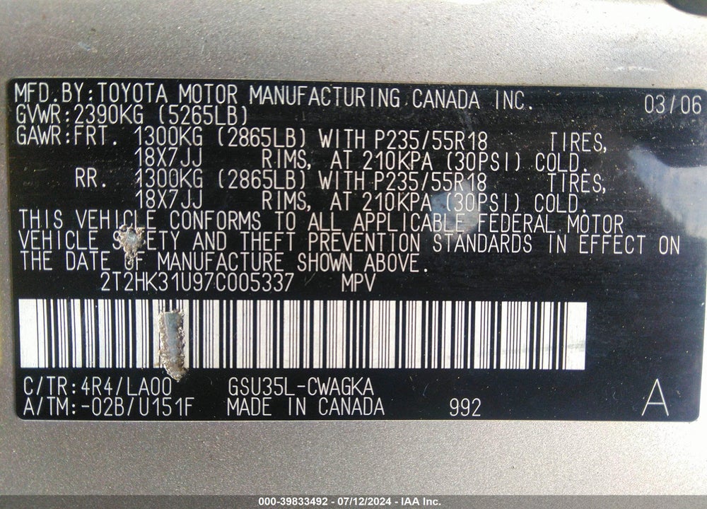 2007 LEXUS RX 350 VIN: 2T2HK31U97C005337
