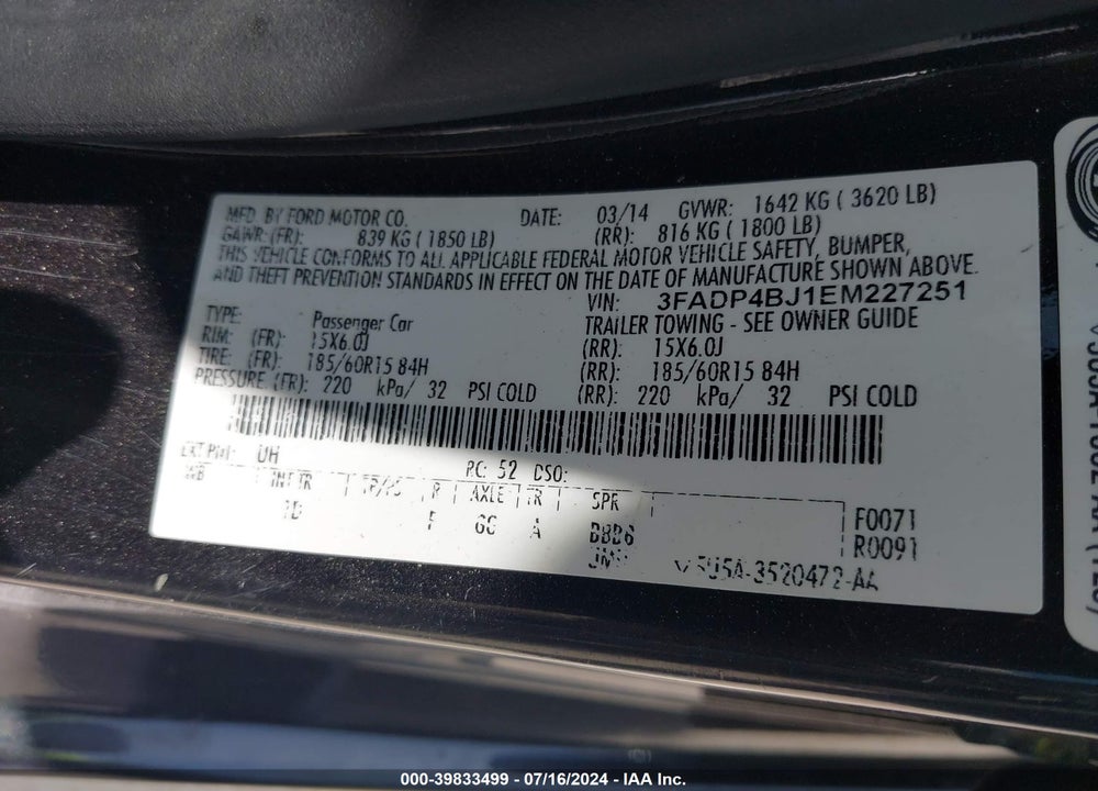 2014 FORD FIESTA SE VIN: 3FADP4BJ1EM227251