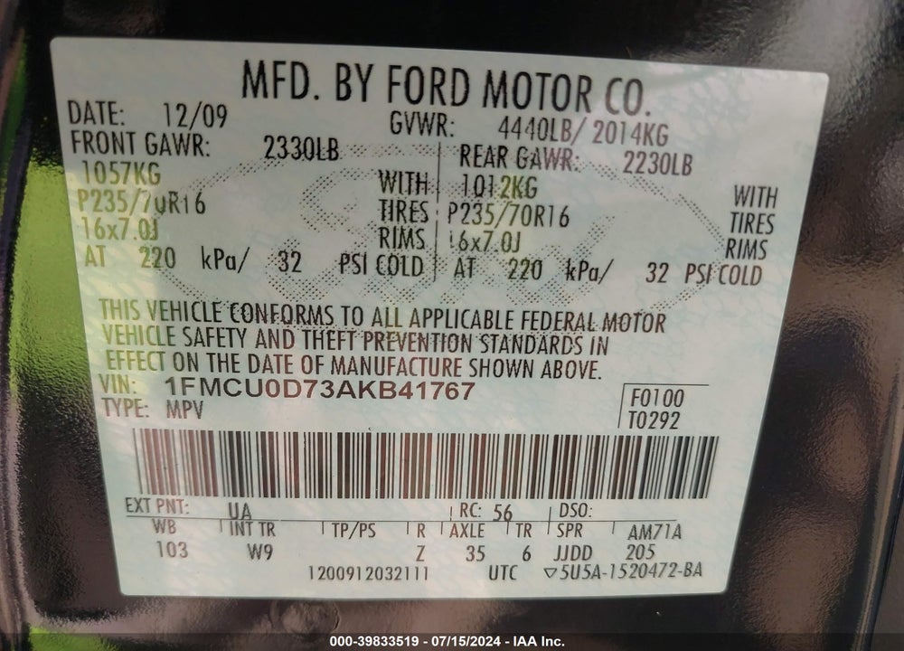 2010 FORD ESCAPE XLT VIN: 1FMCU0D73AKB41767