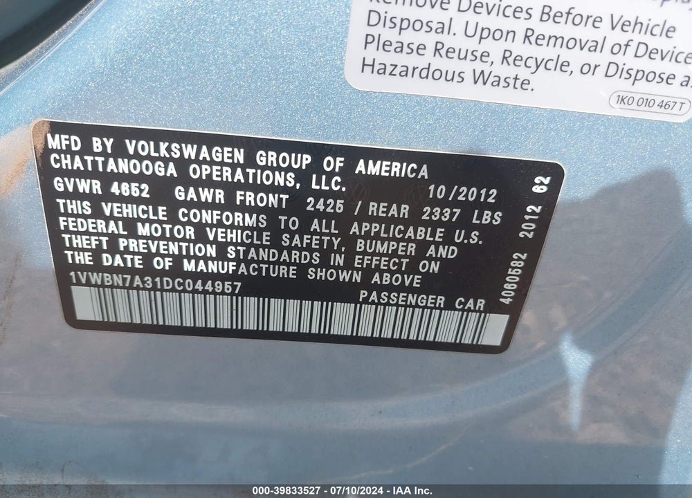 2013 VOLKSWAGEN PASSAT 2.0L TDI SE VIN: 1VWBN7A31DC044957