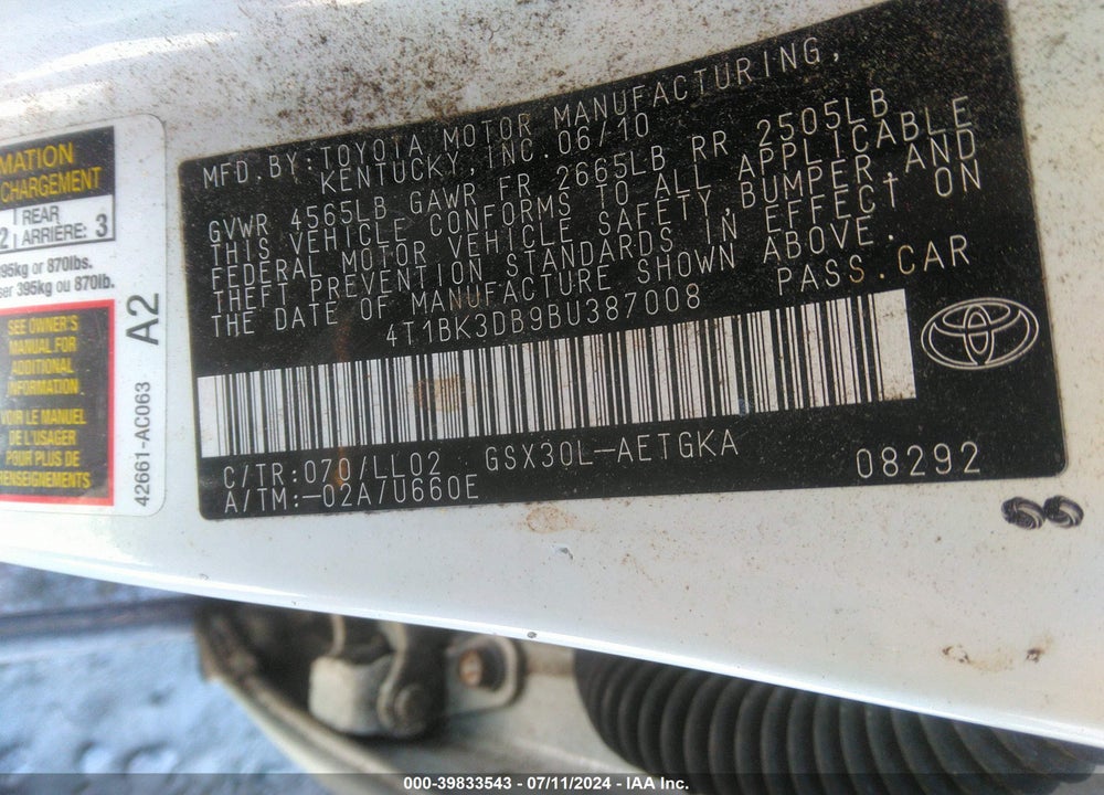 2011 TOYOTA AVALON VIN: 4T1BK3DB9BU387008