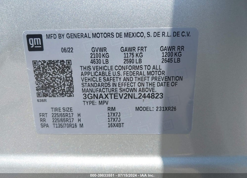 2022 CHEVROLET EQUINOX AWD 2FL VIN: 3GNAXTEV2NL244823