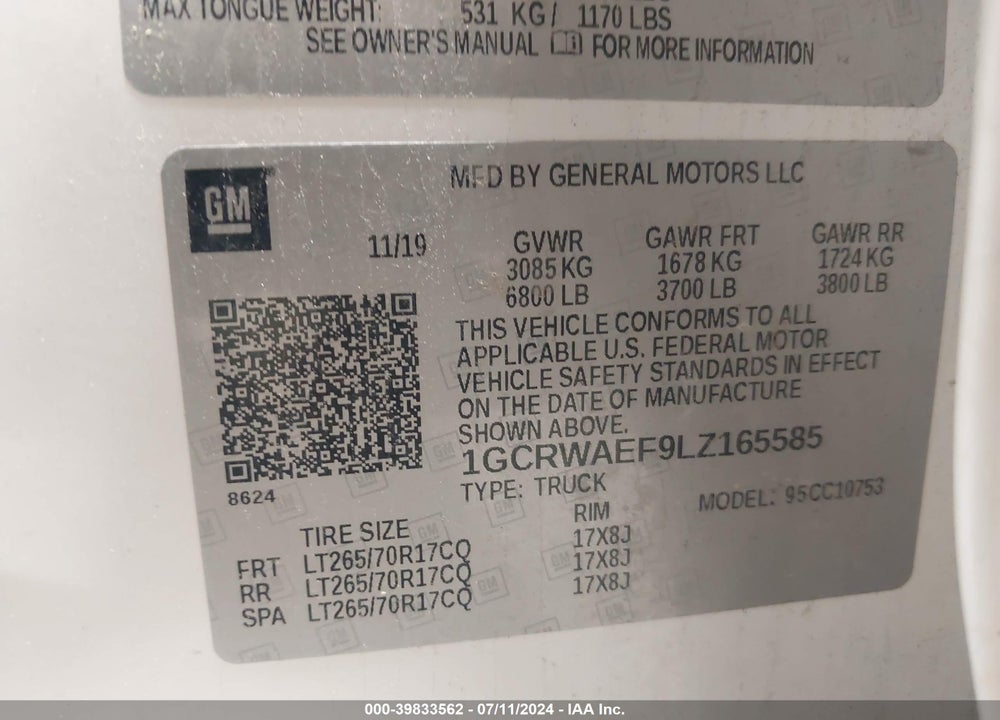 2020 CHEVROLET SILVERADO 1500 2WD DOUBLE CAB STANDARD BED WT VIN: 1GCRWAEF9LZ165585