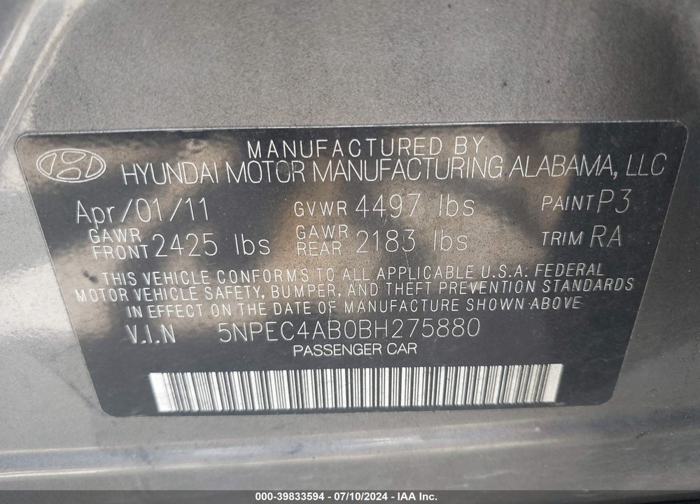 2011 HYUNDAI SONATA SE 2.0T VIN: 5NPEC4AB0BH275880