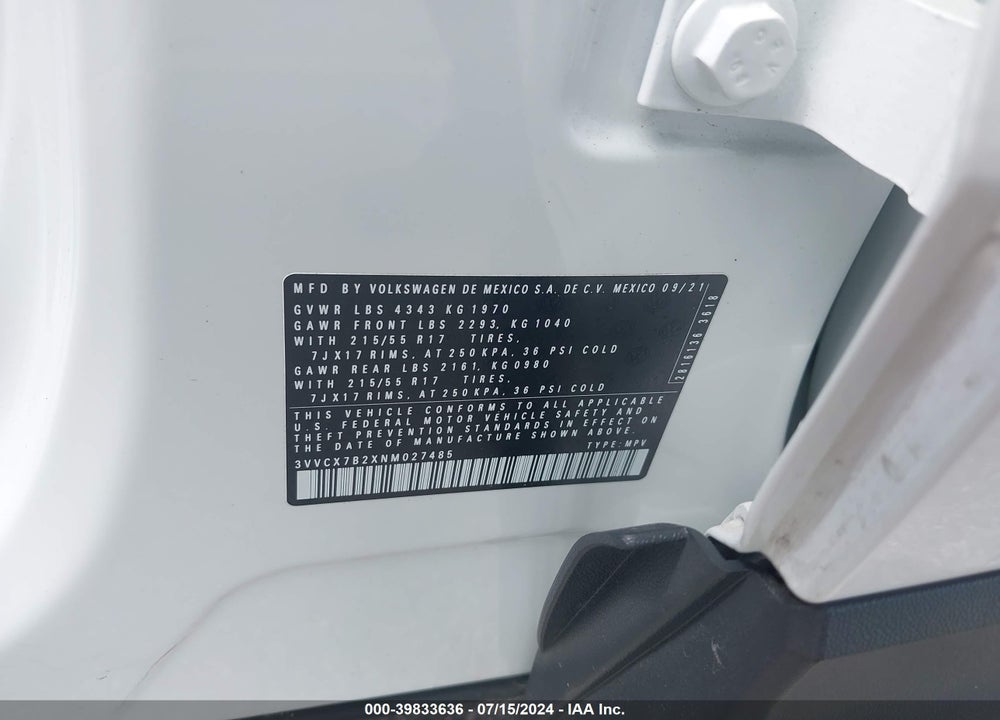 2022 VOLKSWAGEN TAOS 1.5T S VIN: 3VVCX7B2XNM027485