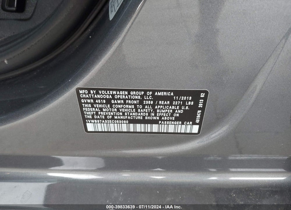 2014 VOLKSWAGEN PASSAT 1.8T SE VIN: 1VWBS7A32EC053080