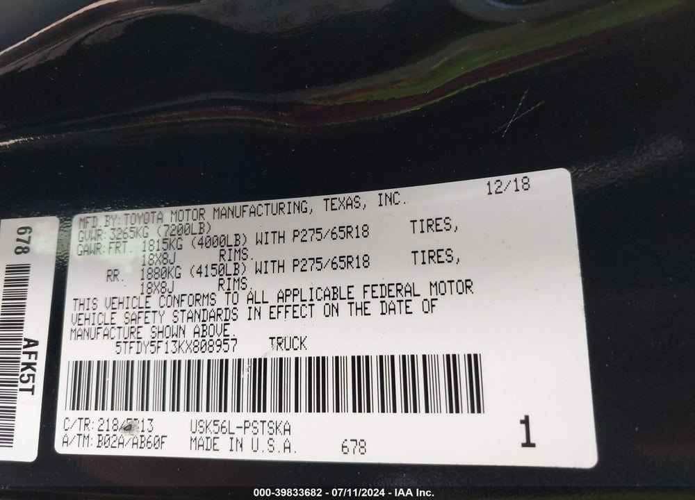 2019 TOYOTA TUNDRA SR5 5.7L V8 VIN: 5TFDY5F13KX808957