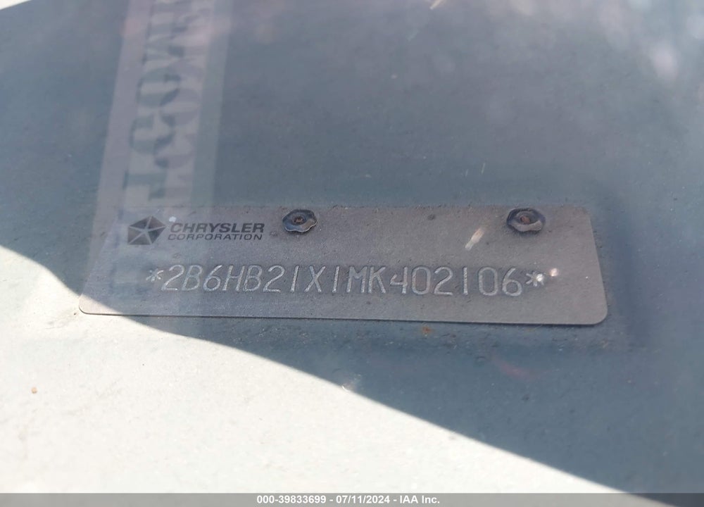 1991 DODGE RAM VAN B250 VIN: 2B6HB21X1MK402106