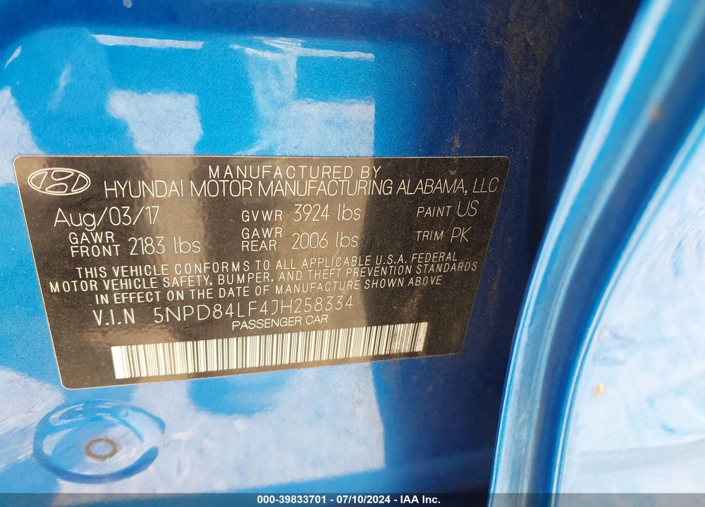 2018 HYUNDAI ELANTRA SEL VIN: 5NPD84LF4JH258334